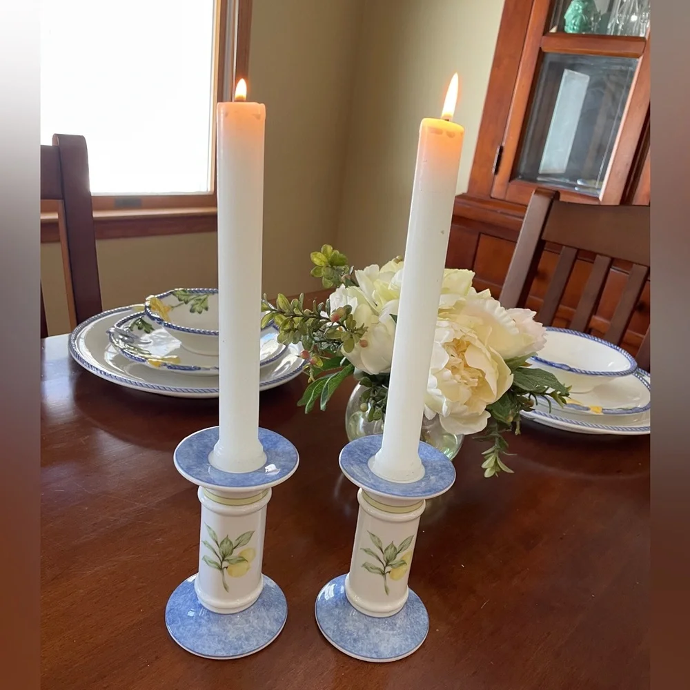 Royal Doulton Carmina Candlesticks Pair - Lemons & Olives Mediterranean Pattern - Picture 1 of 7